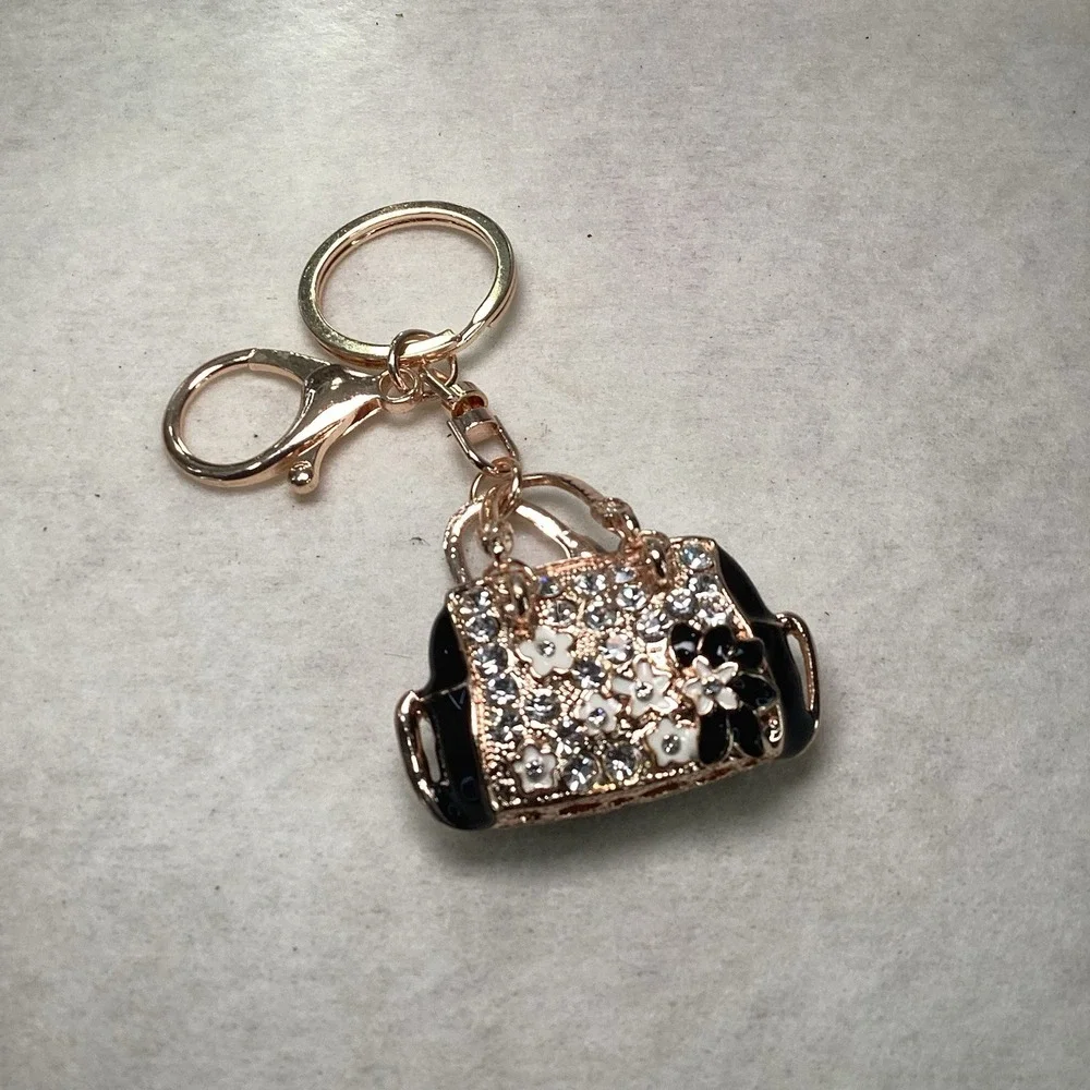 2-Way Black Floral Rhinestone Handbag Charm‎ - Key Chain Rose Gold Tone EUC